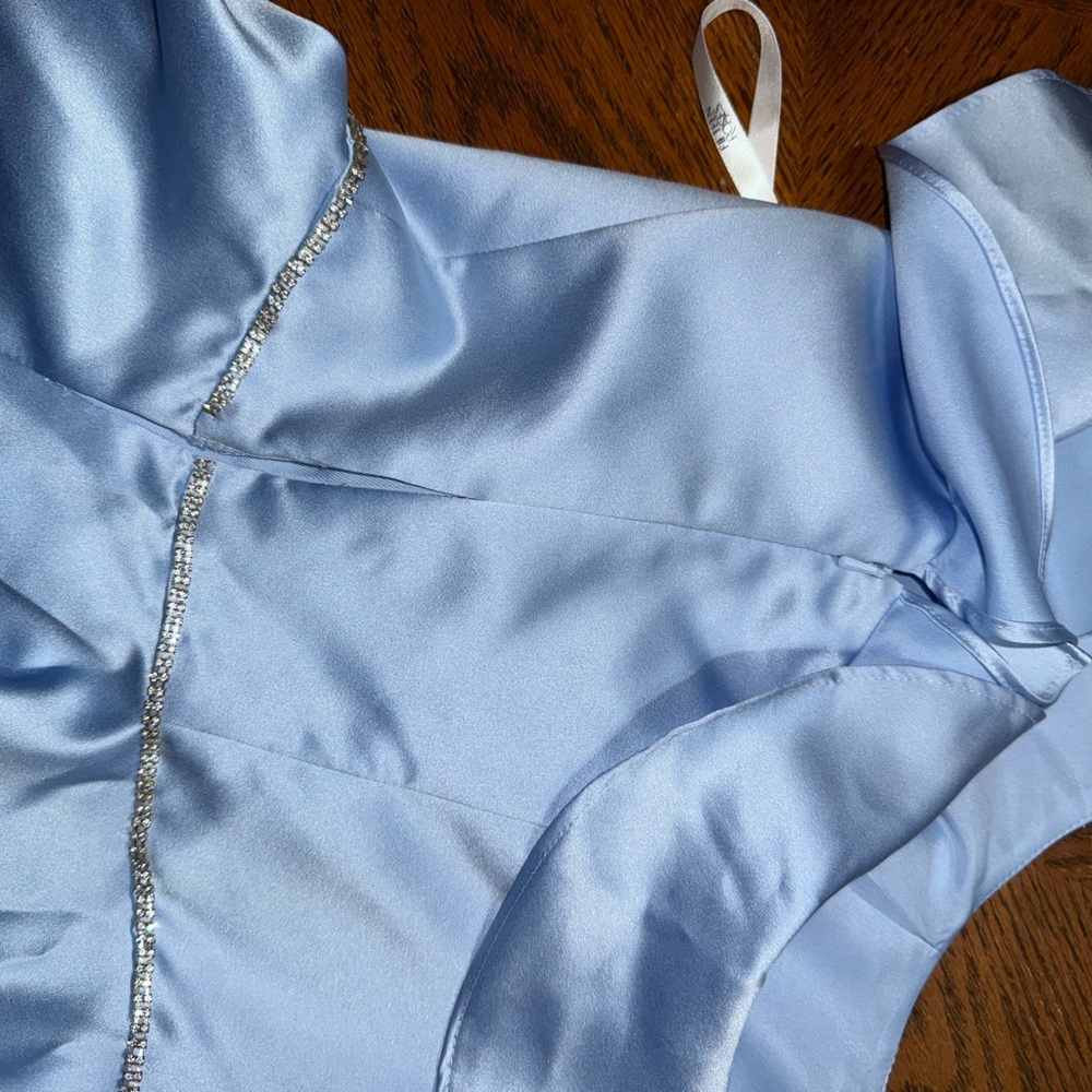 Light Blue One-Shoulder Ruffle Satin Party Dress - Picture 13 of 13